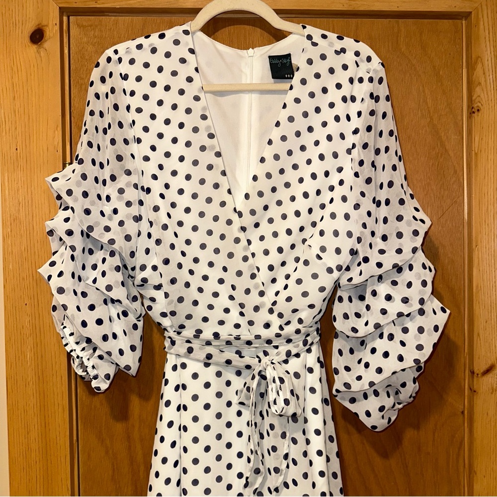 Gabby Skye White and Blue Wrap Sundress with Bishop Sleeves - Picture 2 of 7